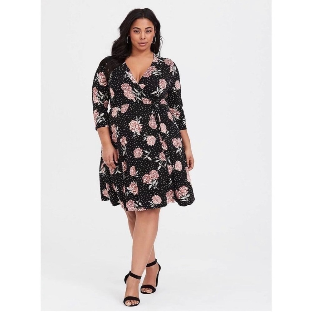 Torrid Mini Jersey Wrap Dress 1X Black White Polka Dot Pink Rose Floral Stretch